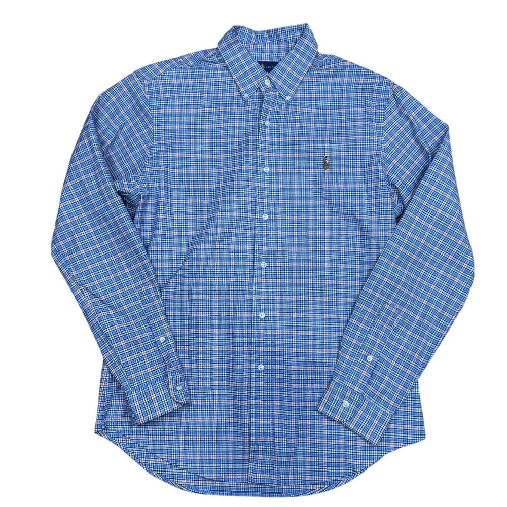 Ralph Lauren Mens Slim Fit Stretch Oxford Plaid Shirt L Blue‎ Button Down